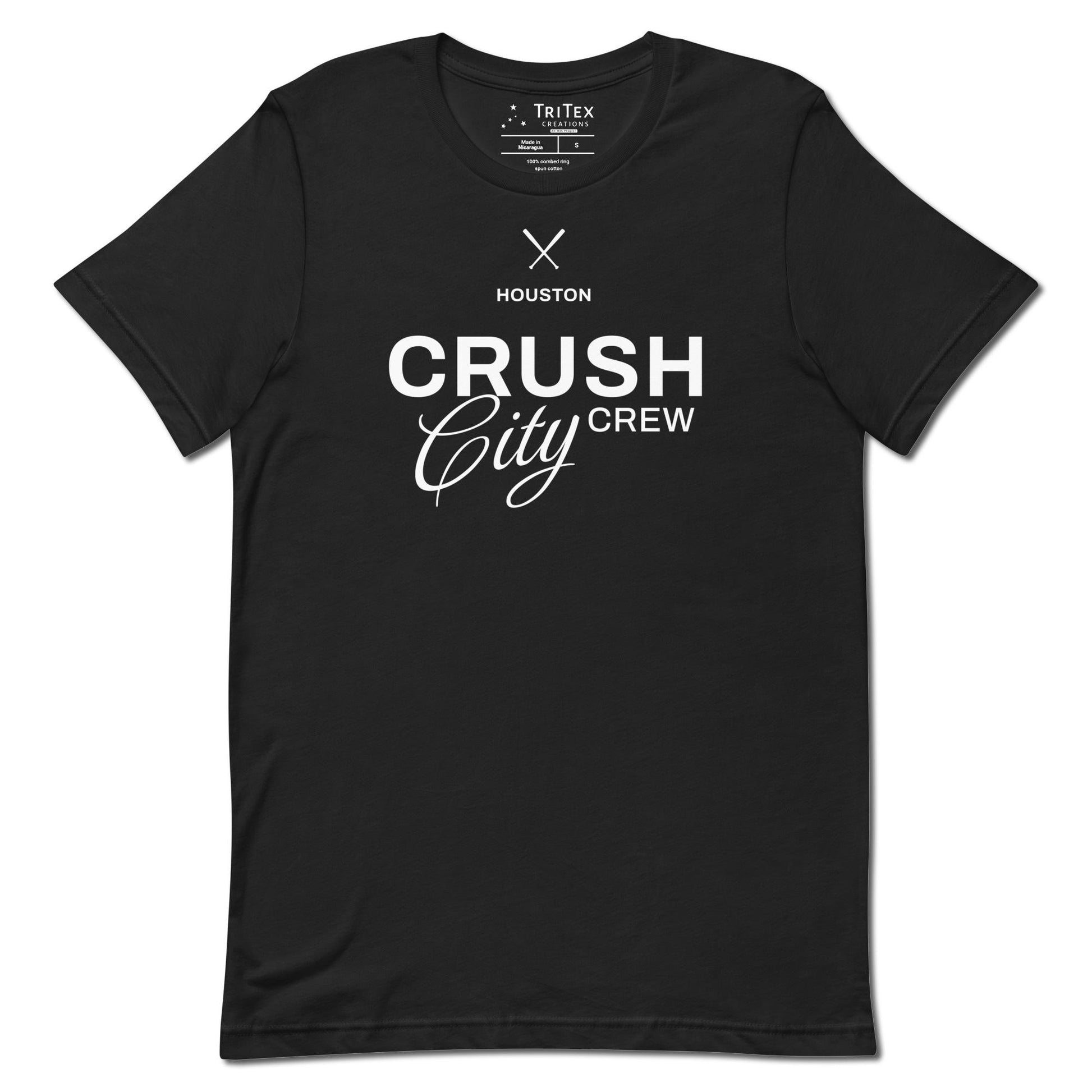 A vintage black t-shirt with the words "Houston Crush City Crew".