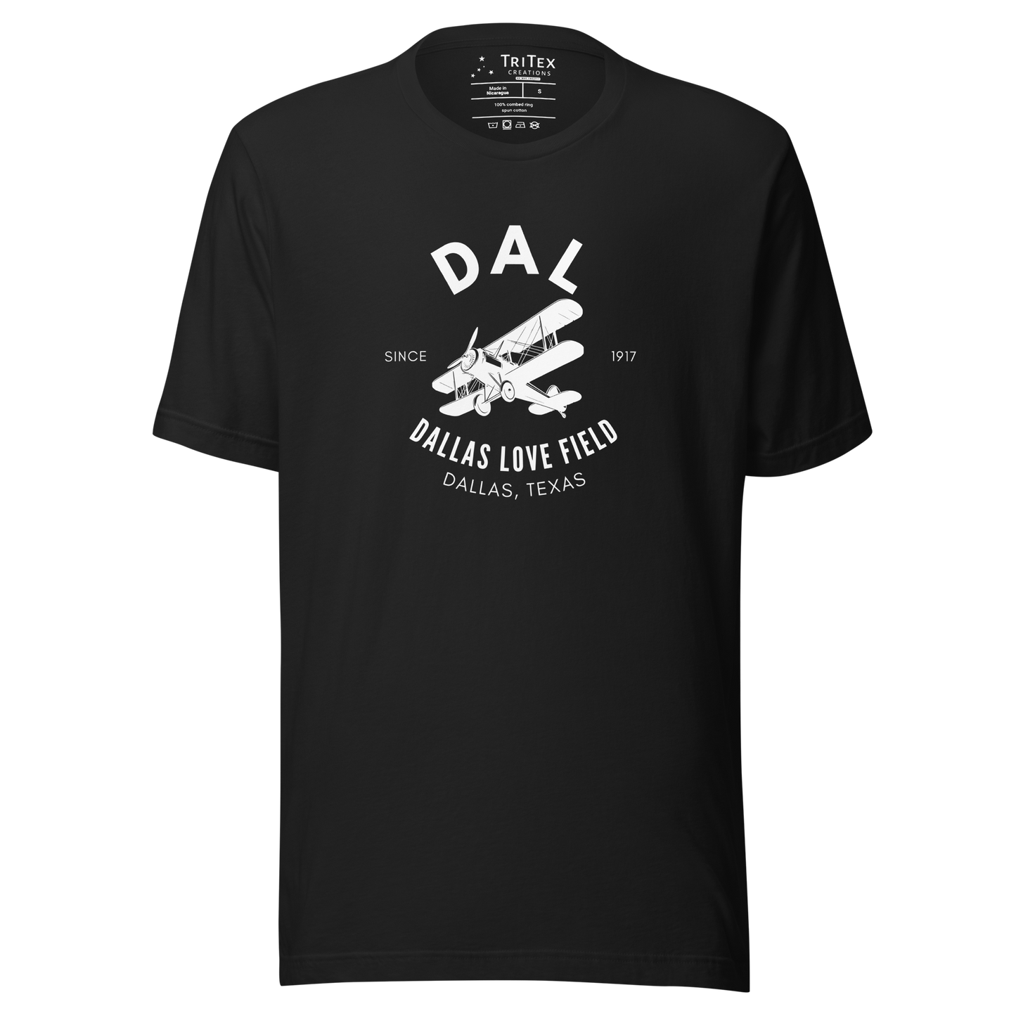 A black t-shirt with a silhouette of a biplane with the text "DAL Since 1917 Dallas Love Field. Dallas, Texas".