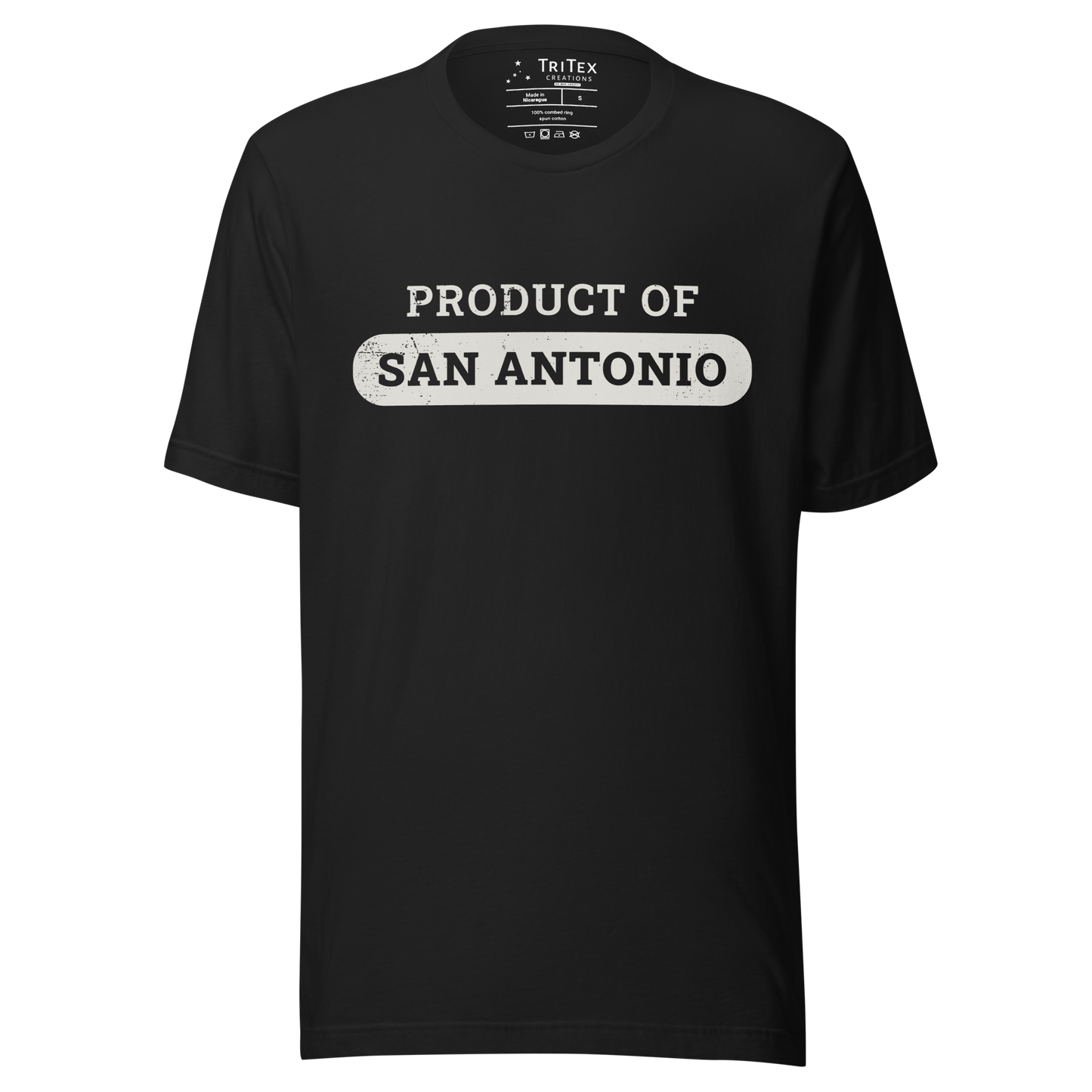A vintage black t-shirt with the text "Product of San Antonio".