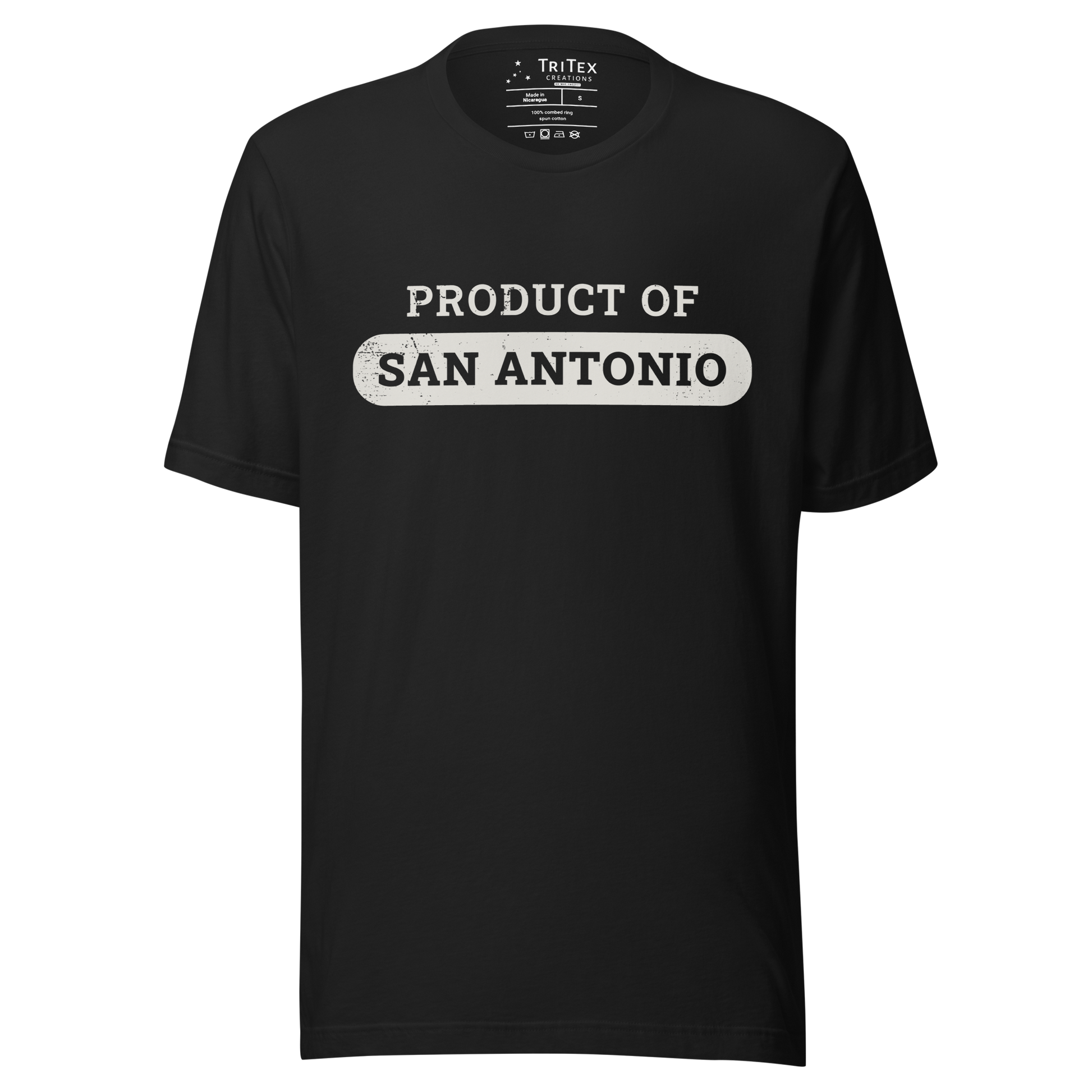 A vintage black t-shirt with the text "Product of San Antonio".