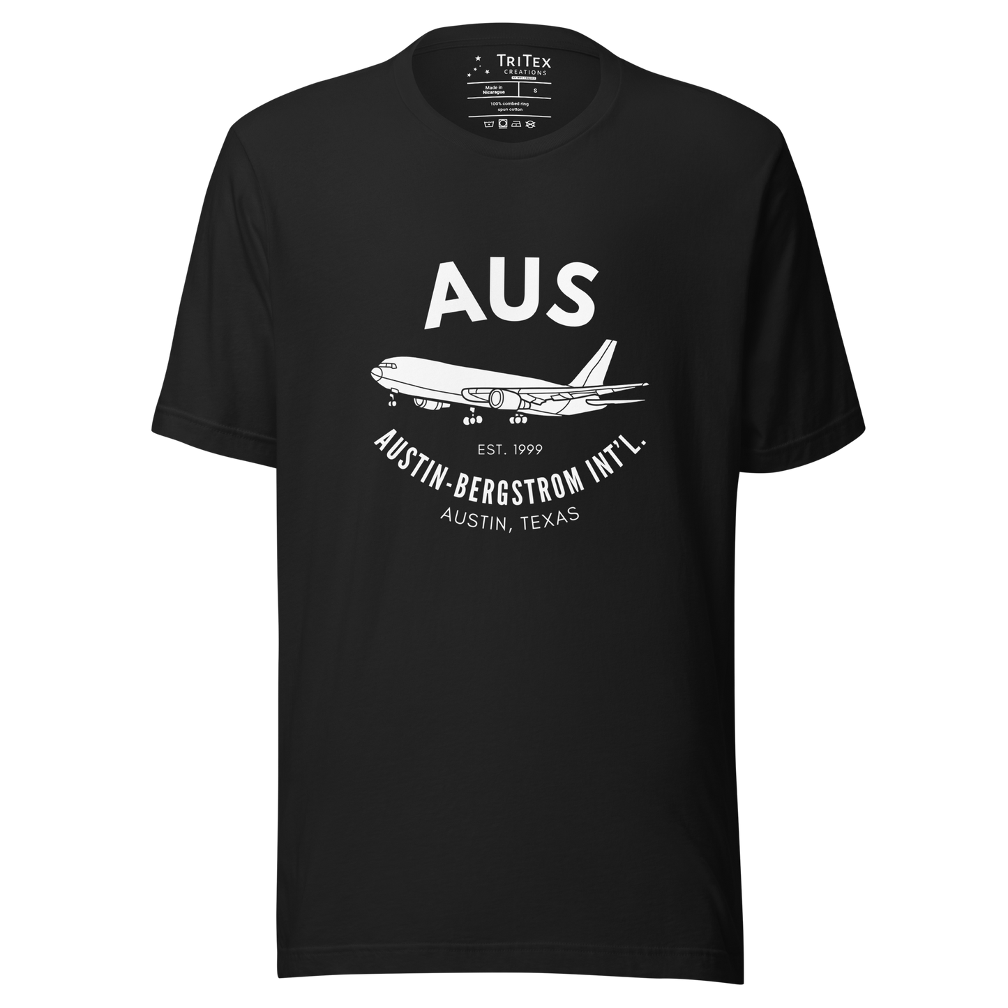 A black t-shirt with a silhouette of a passenger plane with the text "AUS Est. 1999 Austin-Bergstrom Int'l. Austin, Texas".