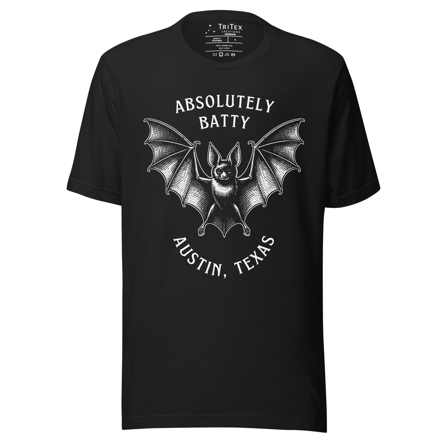 A vintage black t-shirt featuring an illustration of a bat with the words "Absolutely batty. Austin, Texas".