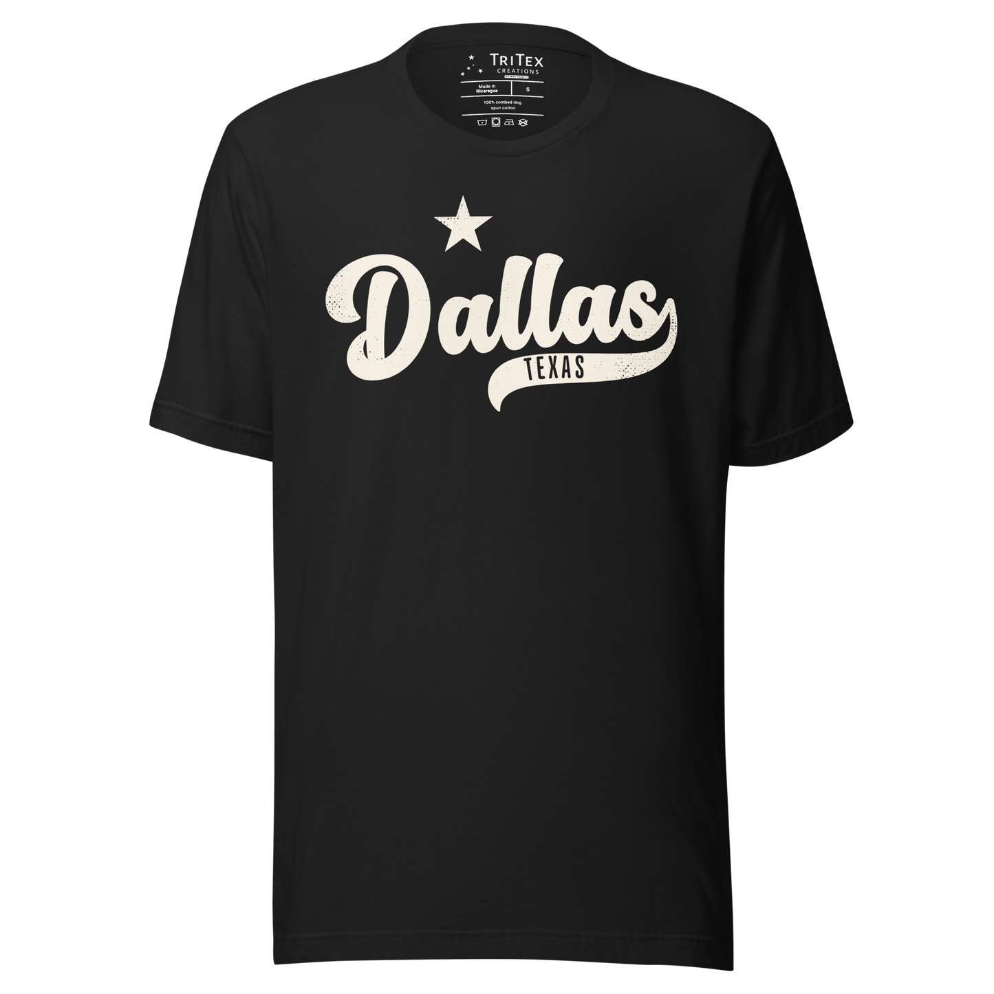 A vintage black t-shirt featuring a star with the words "Dallas TEXAS".