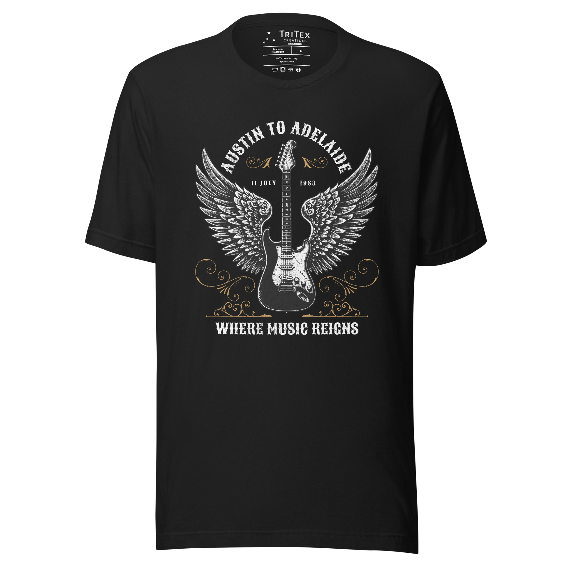 A vintage black t-shirt featuring an electric guitar with wings and the words "Austin to Adelaide 11 July 1983. Where music reigns".