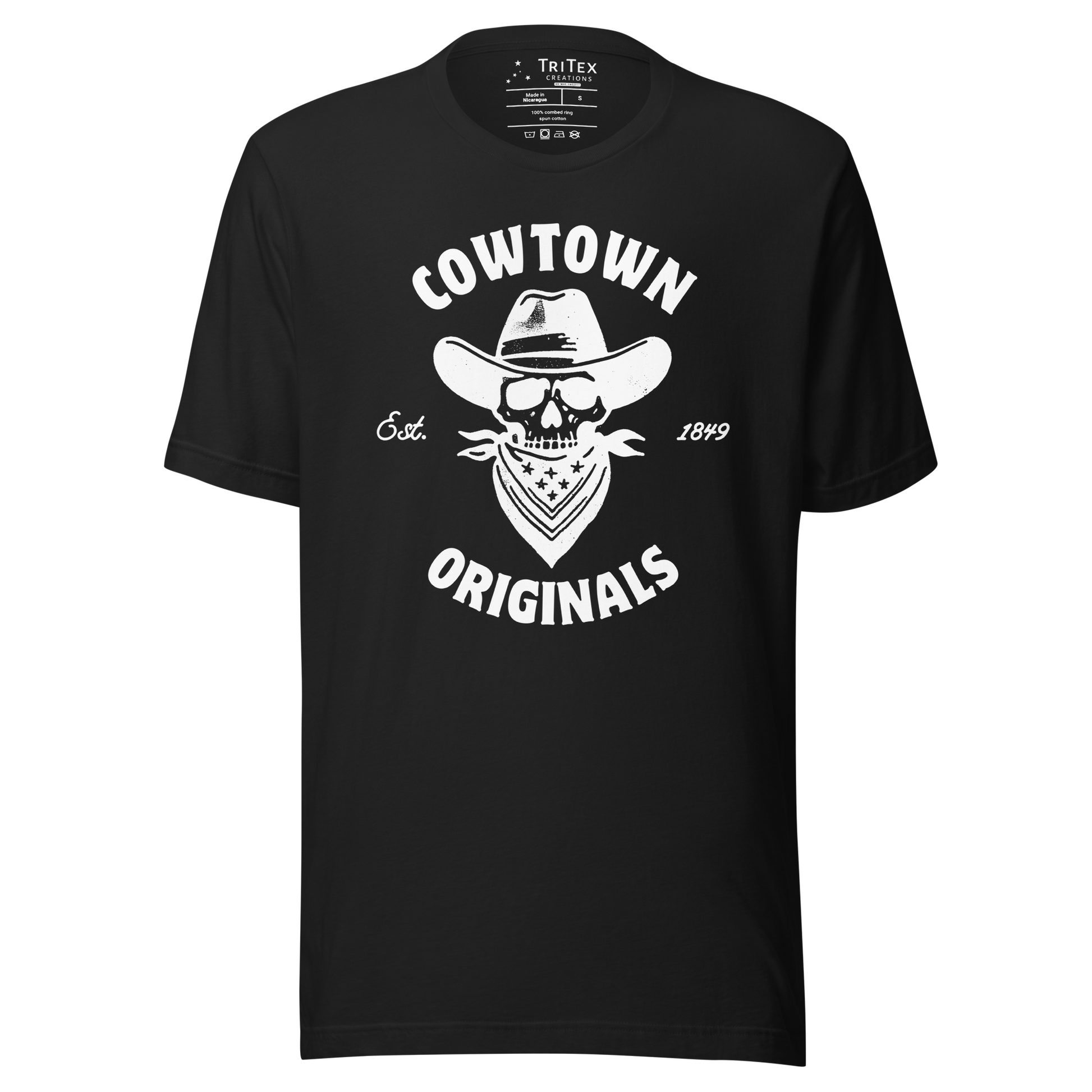 A black t-shirt with an image of a  skull in a cowboy hat and kerchief which reads "Cowtown Originals Est. 1849".