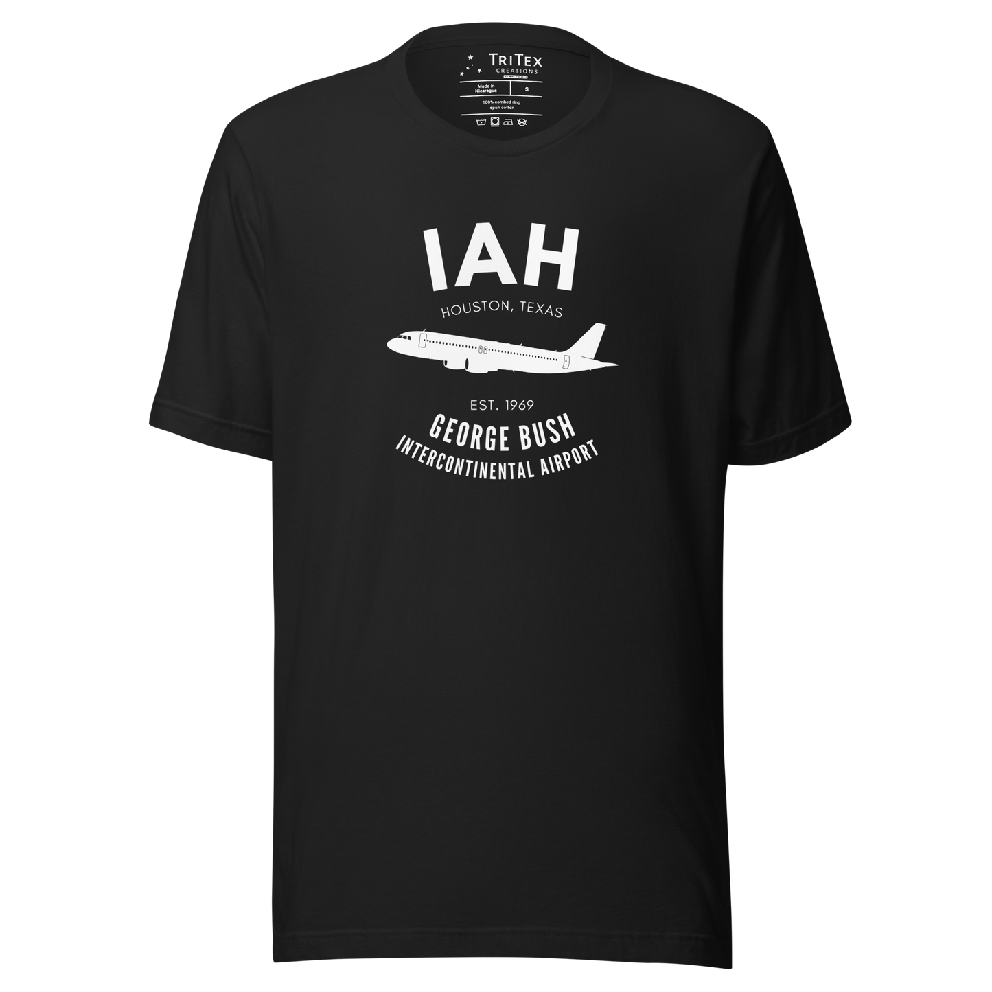 A vintage black t-shirt with a silhouette of a passenger plane with the text "IAH Houston, Texas EST. 1969 George Bush Intercontinental Airport".