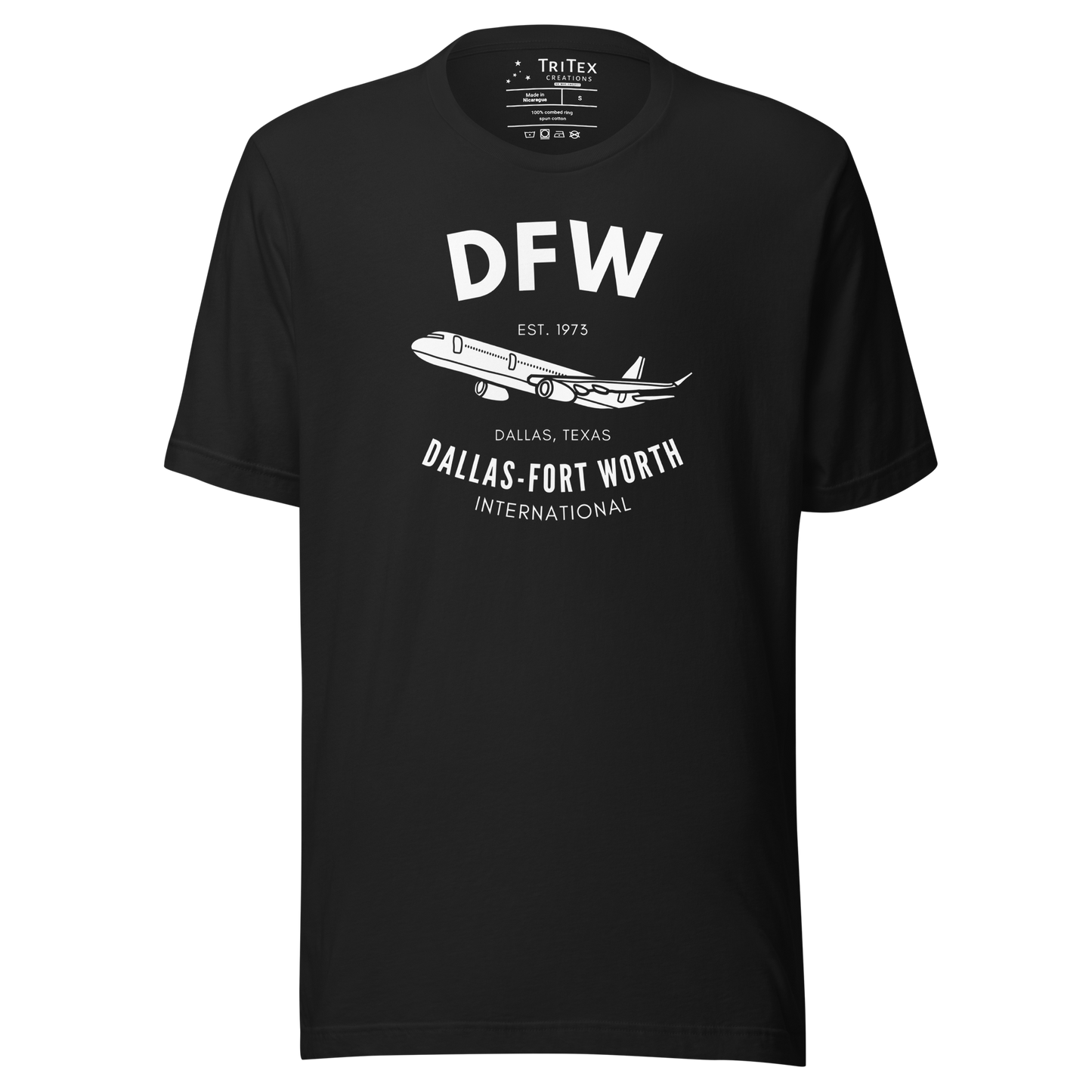 A vintage black t-shirt featuring a passenger plane and the text "DFW Est. 1973 Dallas, Texas. Dallas-Fort Worth International".