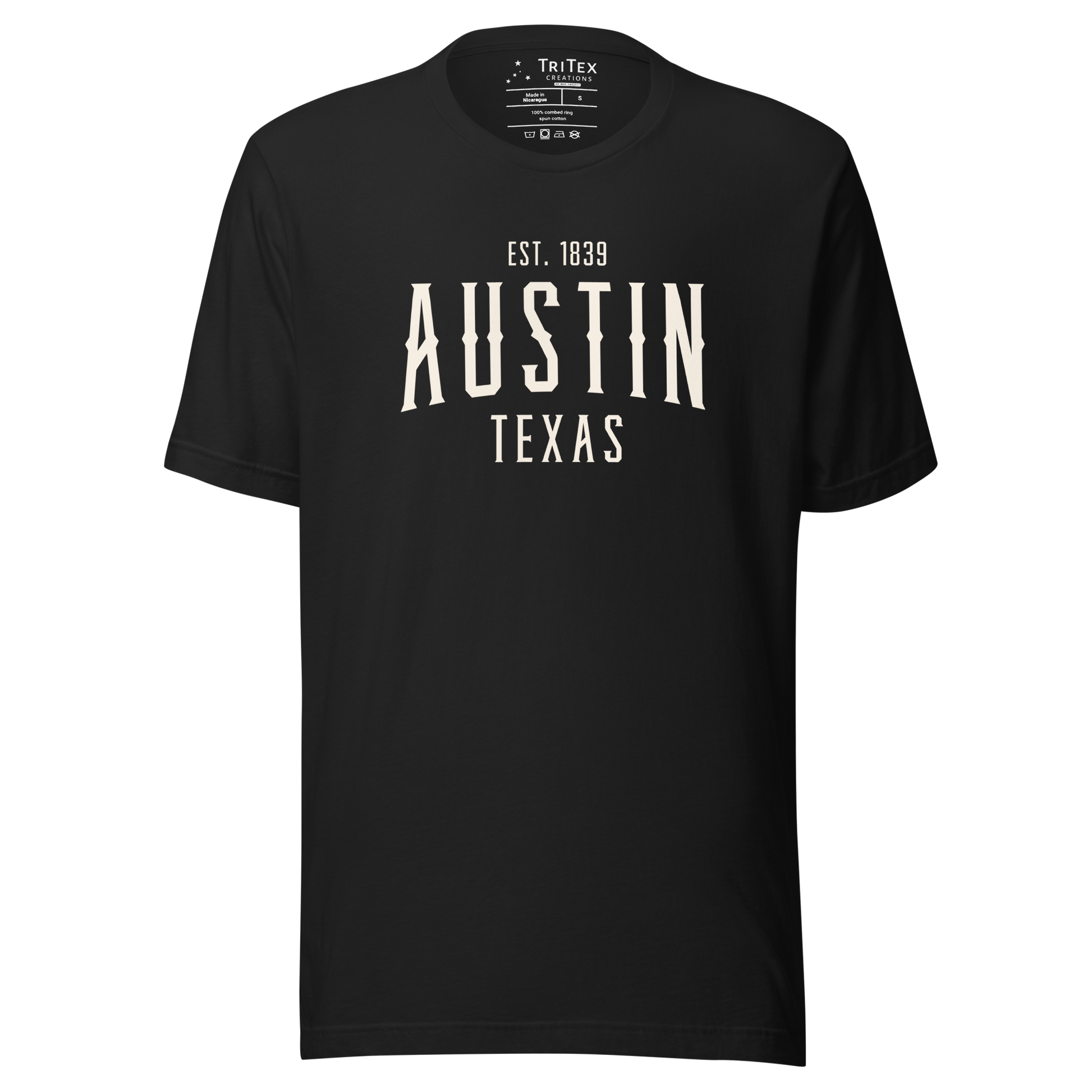 A vintage black t-shirt with the words "Austin Texas Est. 1839".