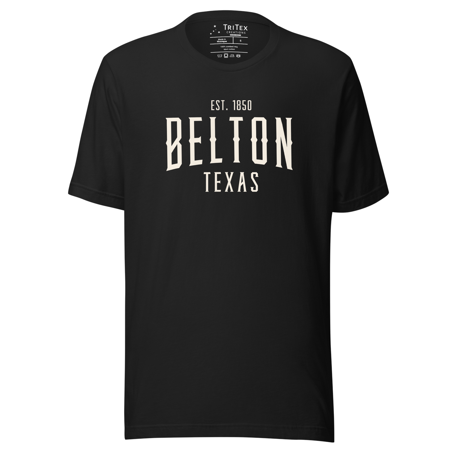 A vintage black t-shirt with the words "Belton Texas Est. 1850".