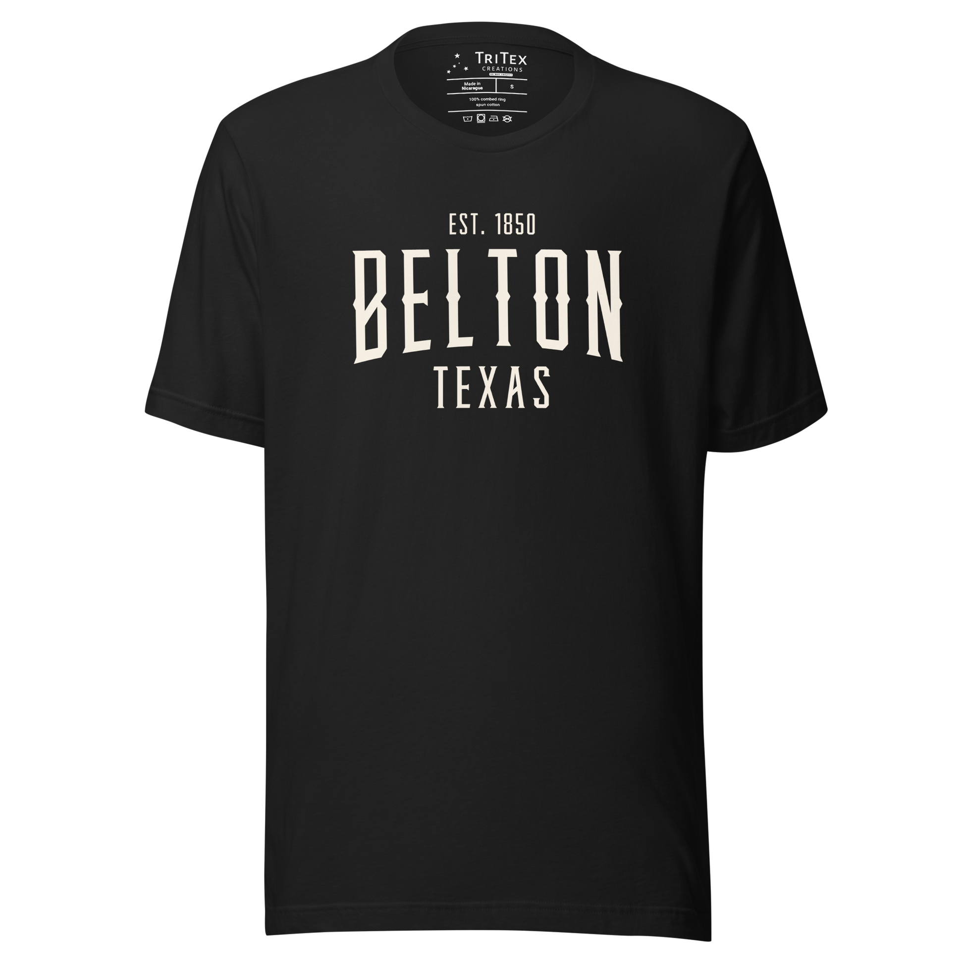 A vintage black t-shirt with the words "Belton Texas Est. 1850".