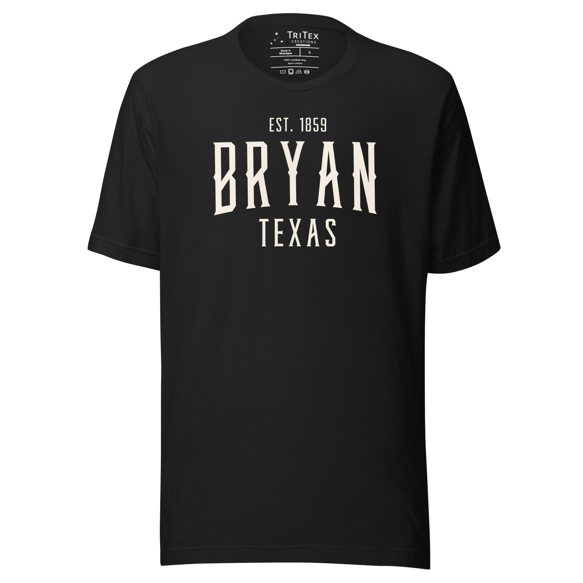 A vintage black t-shirt with the words "Bryan Texas Est. 1859".
