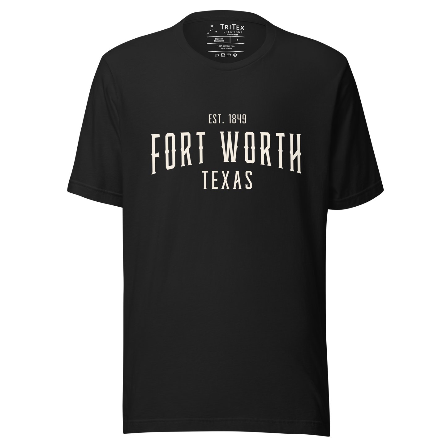 A vintage black t-shirt with the words "Fort Worth Texas Est. 1849".