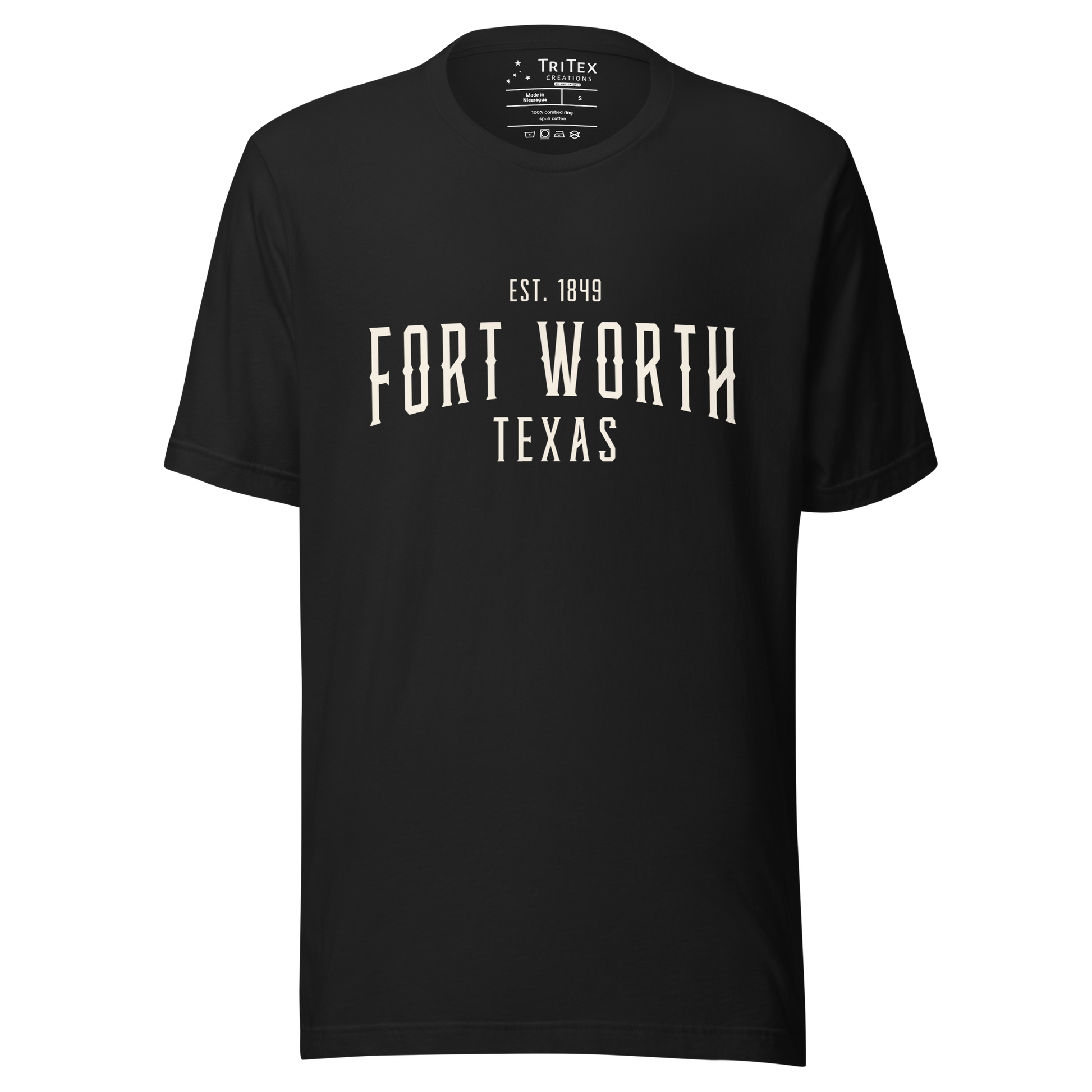 A vintage black t-shirt with the words "Fort Worth Texas Est. 1849".