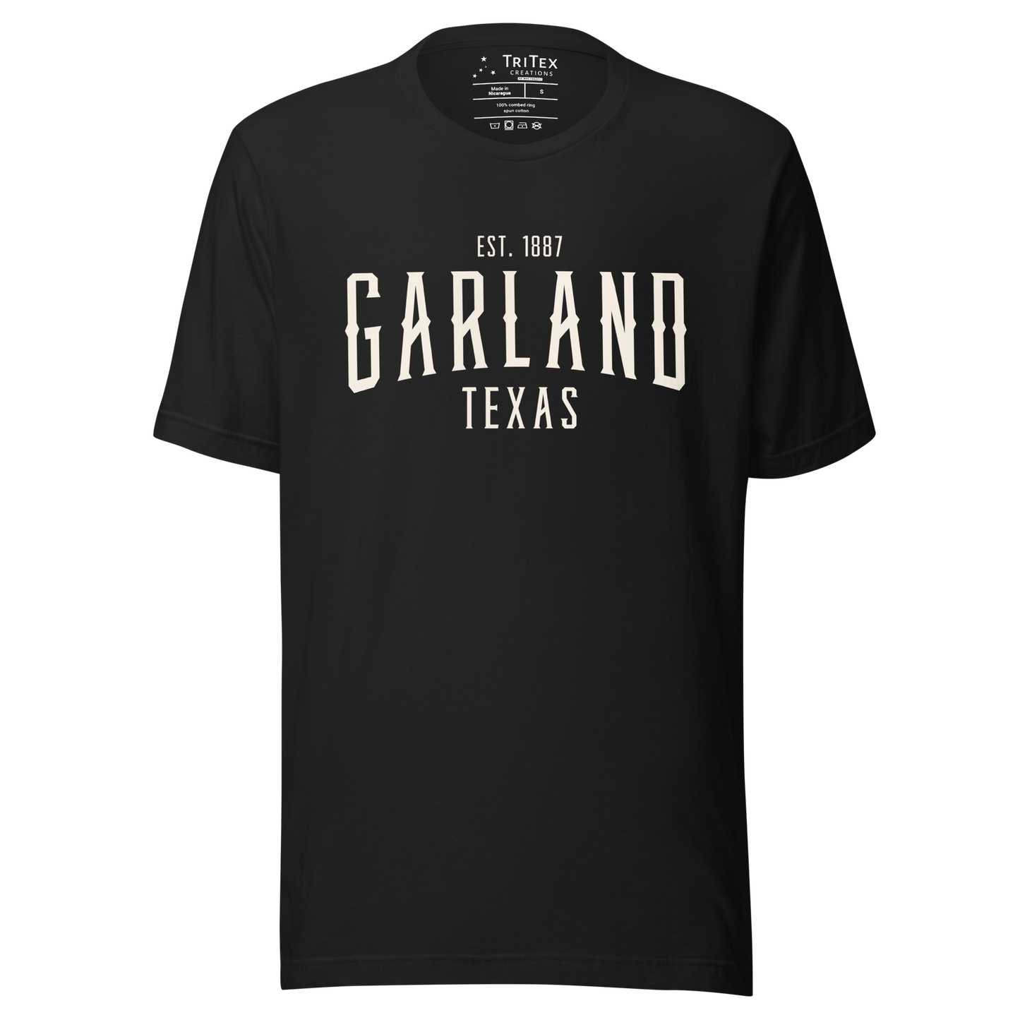 A vintage black t-shirt with the words "Garland Texas Est. 1887".
