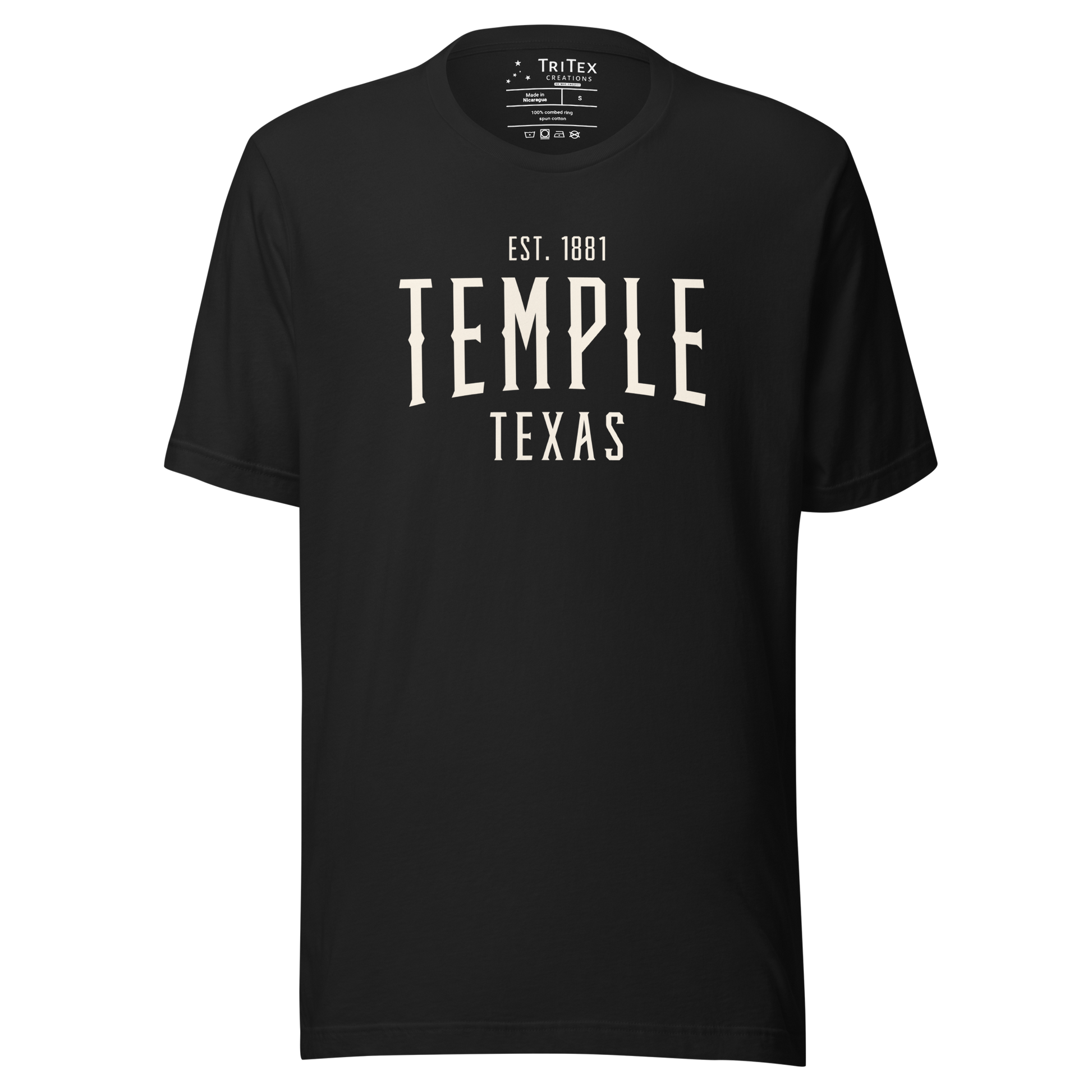 A vintage black t-shirt with the words "Temple Texas Est. 1881".