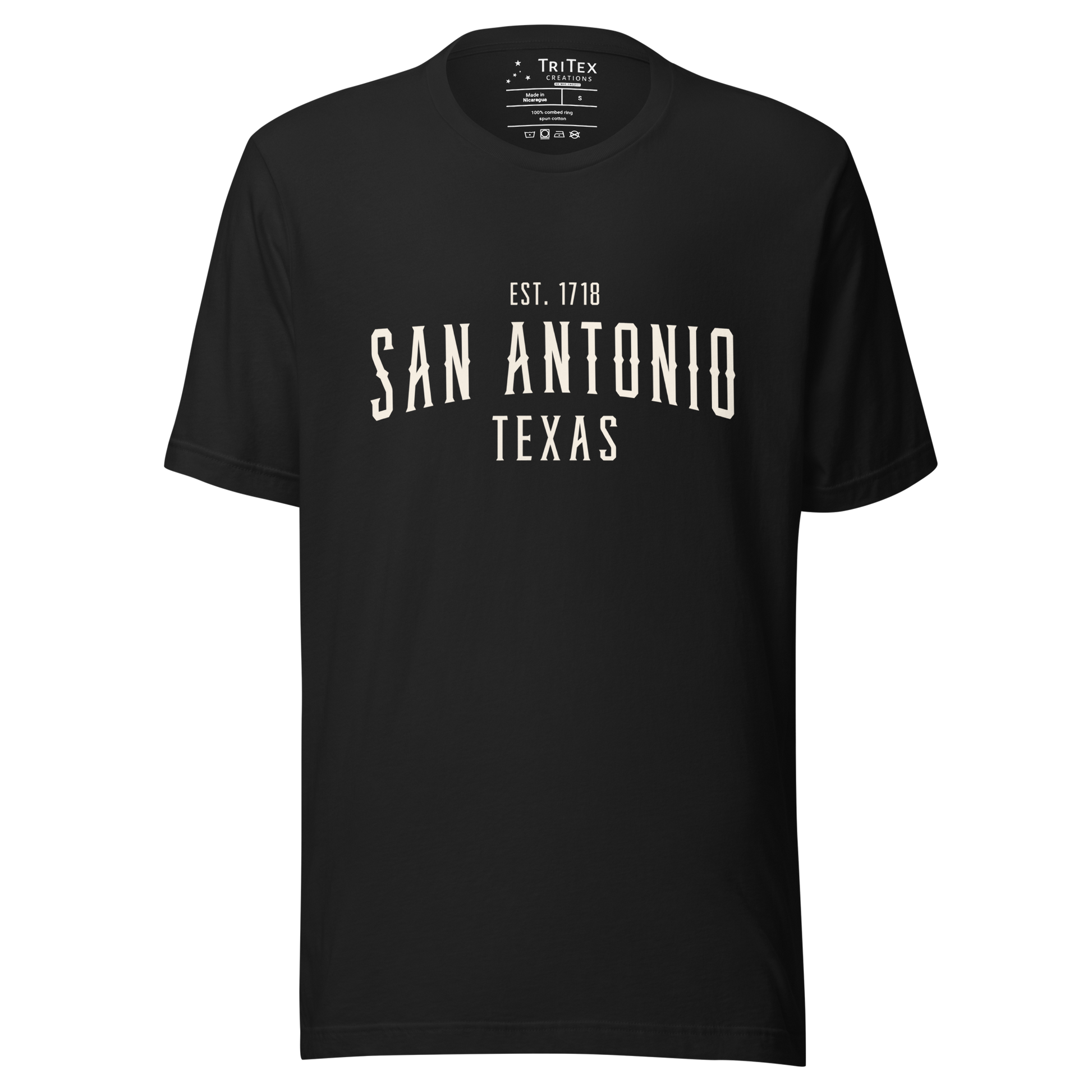 A vintage black t-shirt with the words "San Antonio Texas Est. 1853".