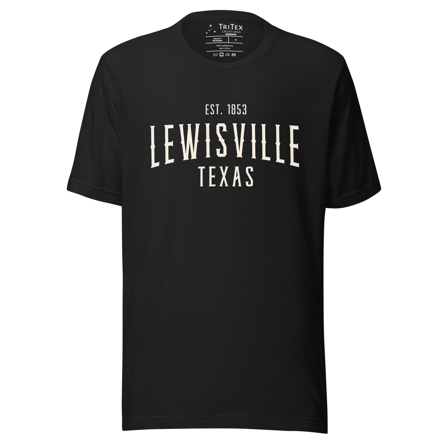 A vintage black t-shirt with the words "Lewisville Texas Est. 1853".
