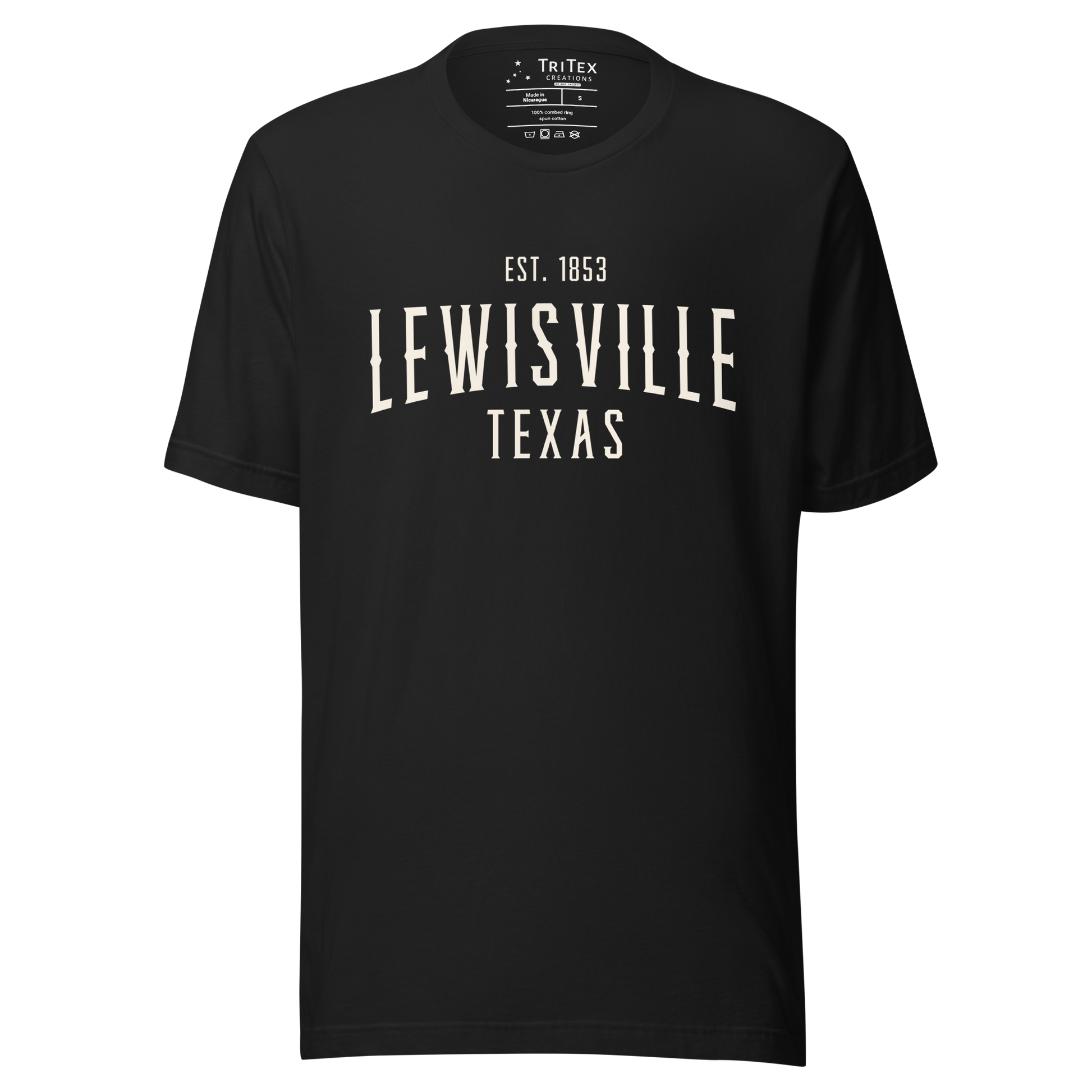 A vintage black t-shirt with the words "Lewisville Texas Est. 1853".