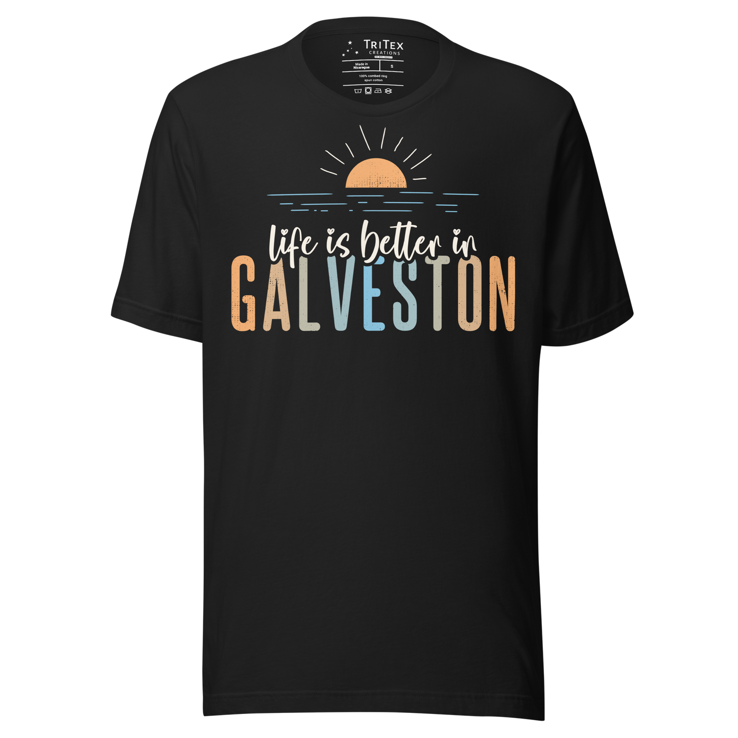 A vintage black t-shirt featuring a sunrise with the text "Life is better in Galveston".