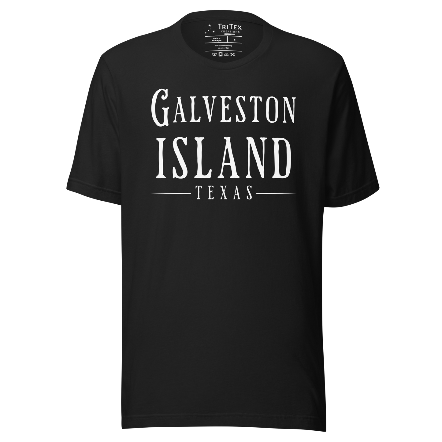 A black t-shirt with the words "Galveston Island Texas".