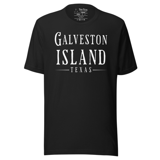 A black t-shirt with the words "Galveston Island Texas".