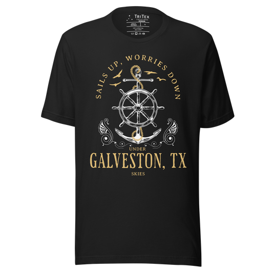 A vintage black t-shirt featuring an anchor and seagulls with the words "Sails up, worries down under Galveston, TX skies".