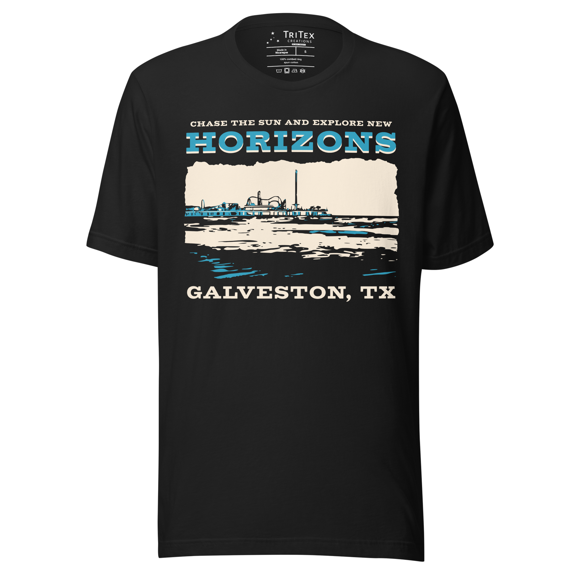 A vintage black t-shirt featuring Pleasure Pier and the shoreline with the words "Chase the sun and explore new horizons Galveston, TX".