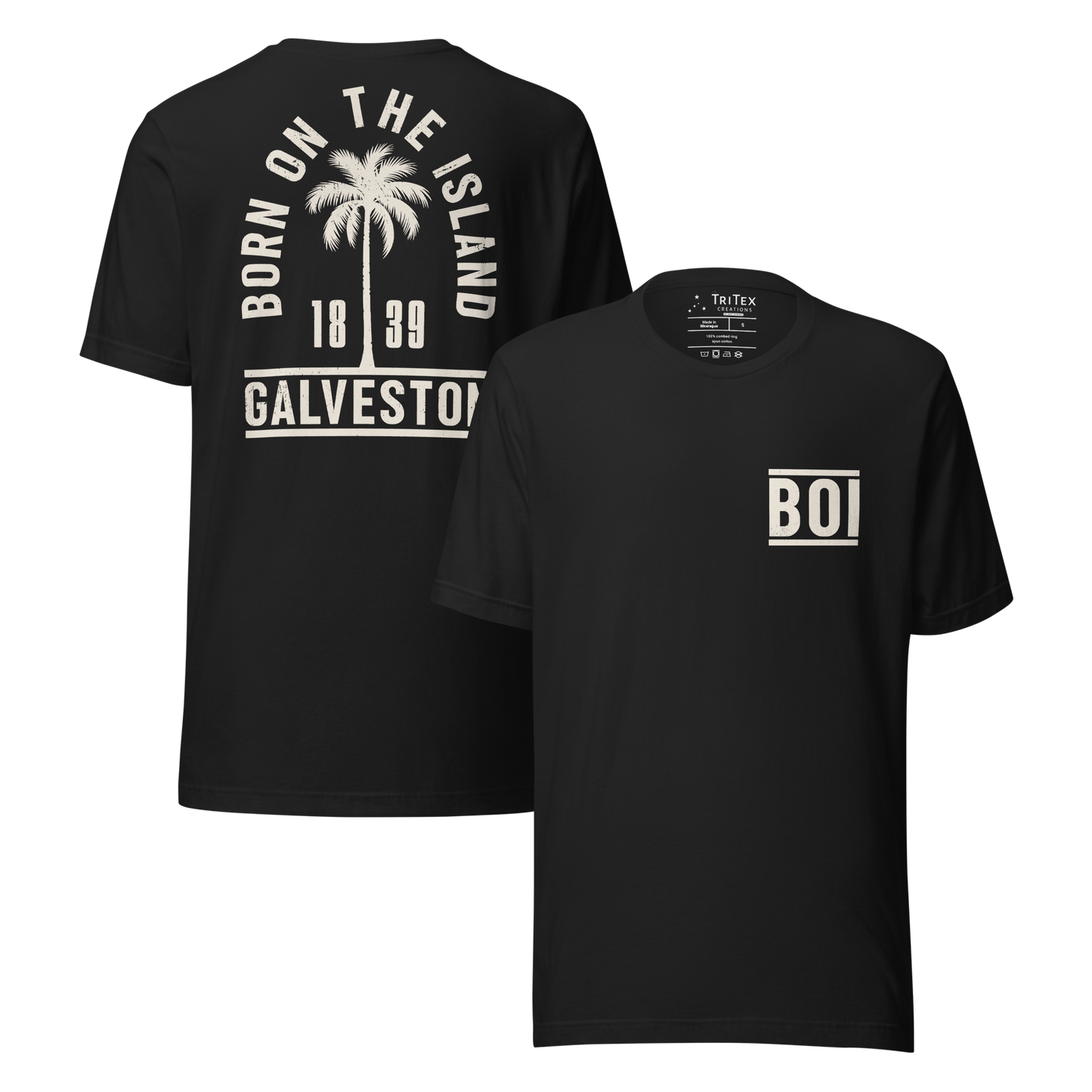 The front and back of a vintage black t-shirt. On the front: The letters "BOI". On the back: "Born on the island. Galveston 1839" with a silhouette of a palm tree.