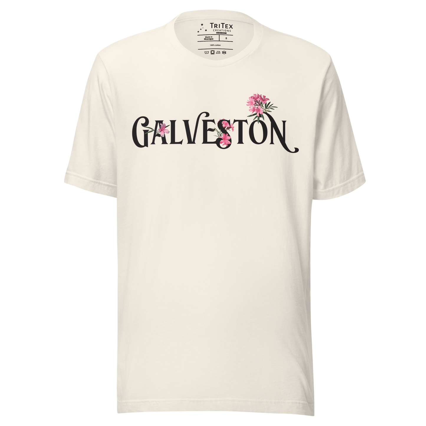 A vintage white t-shirt with the name of "Galveston" amongst oleanders.