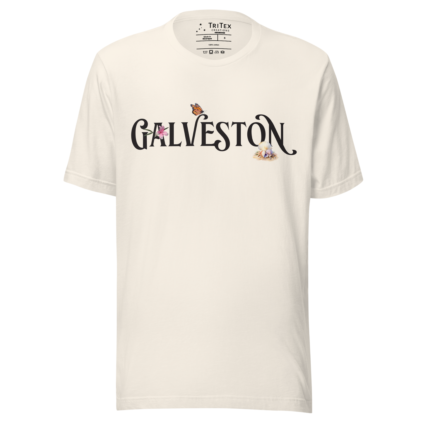 A vintage white t-shirt with the name of "Galveston" amongst oleanders, butterflies and seashells.