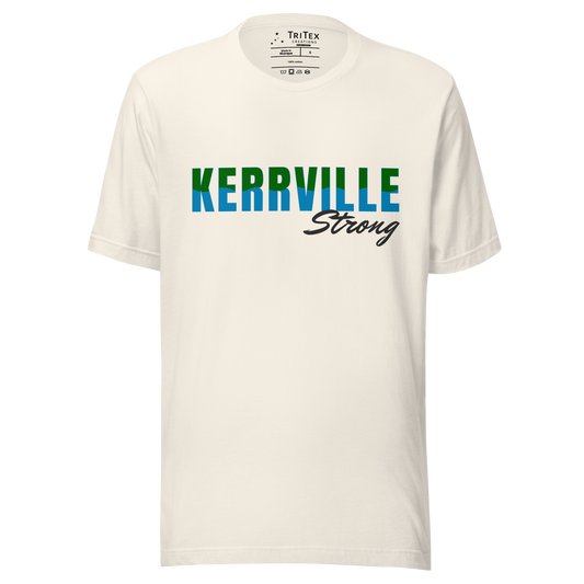 A vintage white t-shirt with the words "Kerrville Strong".