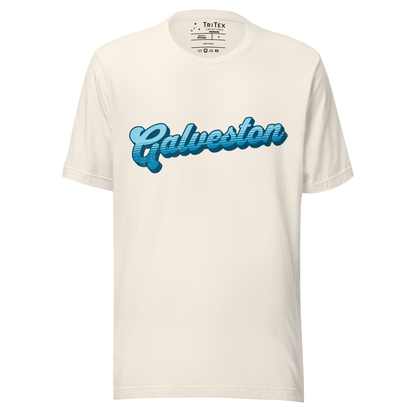 A vintage white t-shirt with a retro style Galveston in a vintage font.