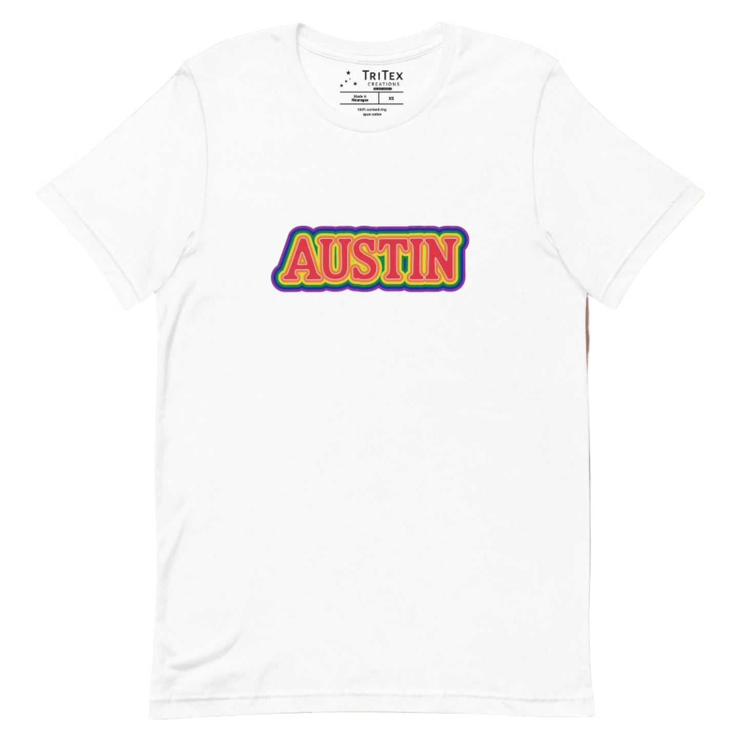 A white t-shirt featuring the words Austin in rainbow colors.