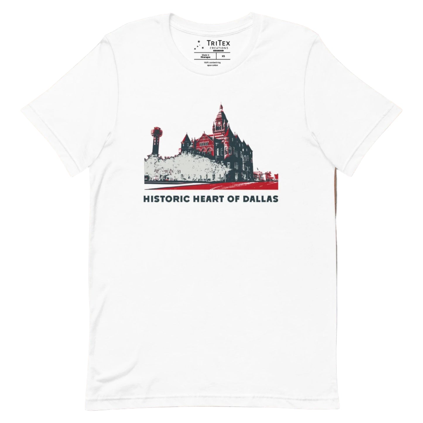 A white t-shirt picturing the county courthouse and Reunion Tower in Dallas with the text "Historic heart of Dallas".