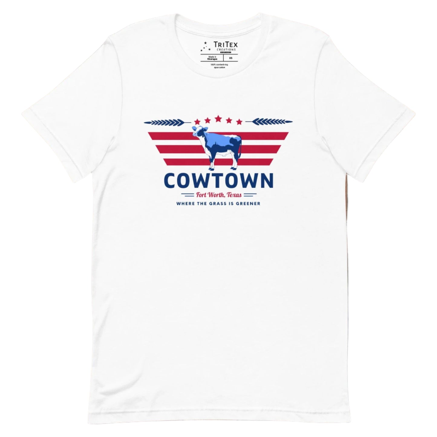 A white t-shirt featuring a cow graphic and the text "Cowtown Fort Worth, Texas. Where the grass is greener".