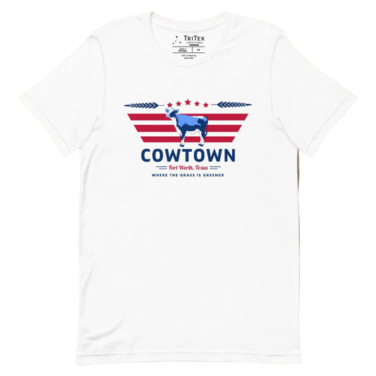 A white t-shirt featuring a cow graphic and the text "Cowtown Fort Worth, Texas. Where the grass is greener".