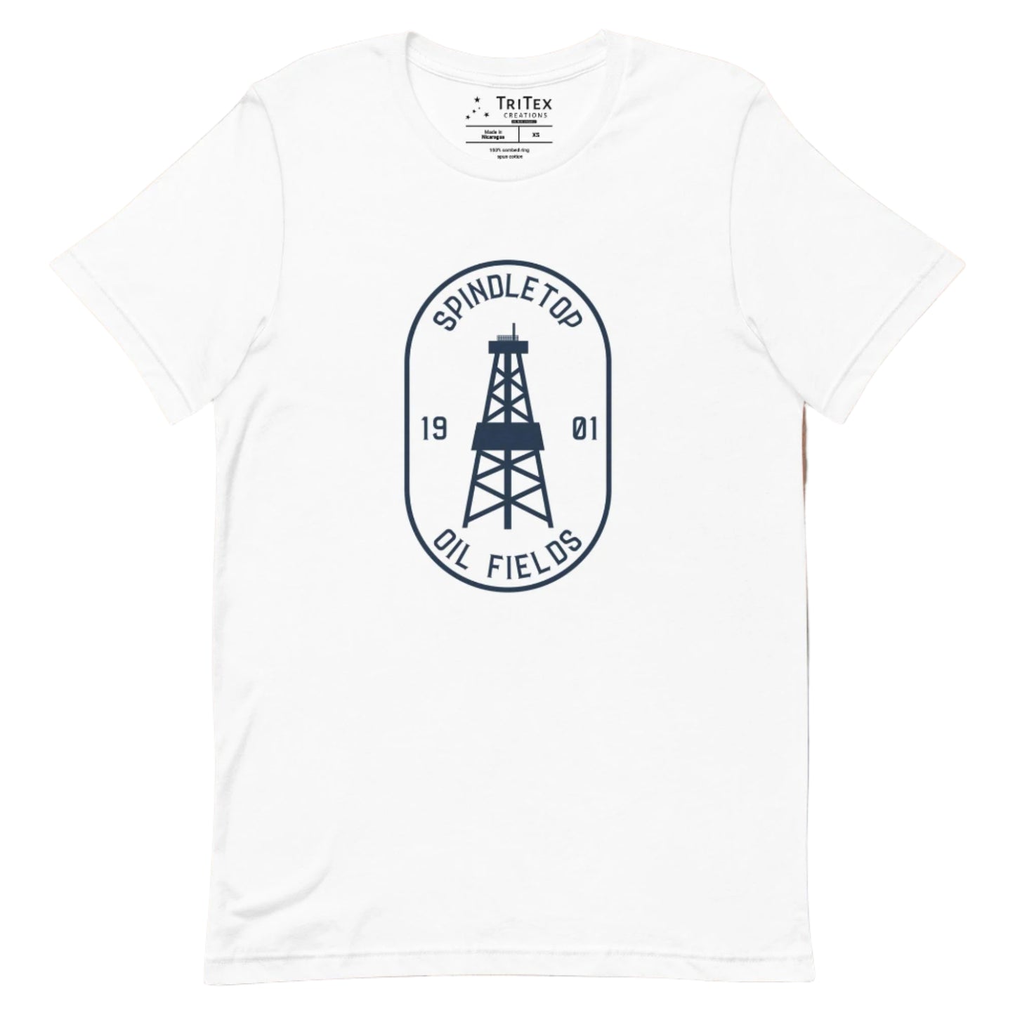 A white t-shirt featuring an oil tower with the words "Spindletop oil fields 1901".