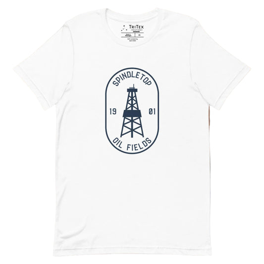 A white t-shirt featuring an oil tower with the words "Spindletop oil fields 1901".