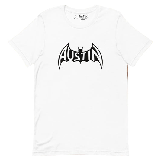 A white t-shirt featuring a silhouette of a bat with Austin inside.