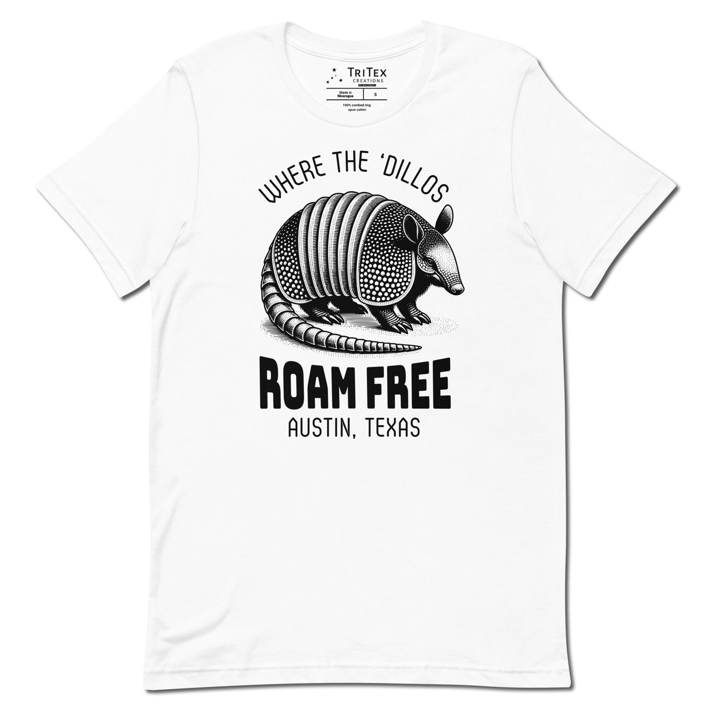 A white t-shirt featuring a vintage illustration of an armadillo with the words "Where the 'dillos roam free. Austin, Texas".