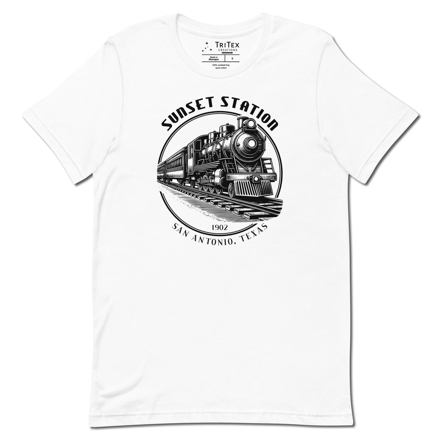 A white t-shirt featuring a vintage locomotive  with the words "Sunset Station. 1902. San Antonio, Texas".