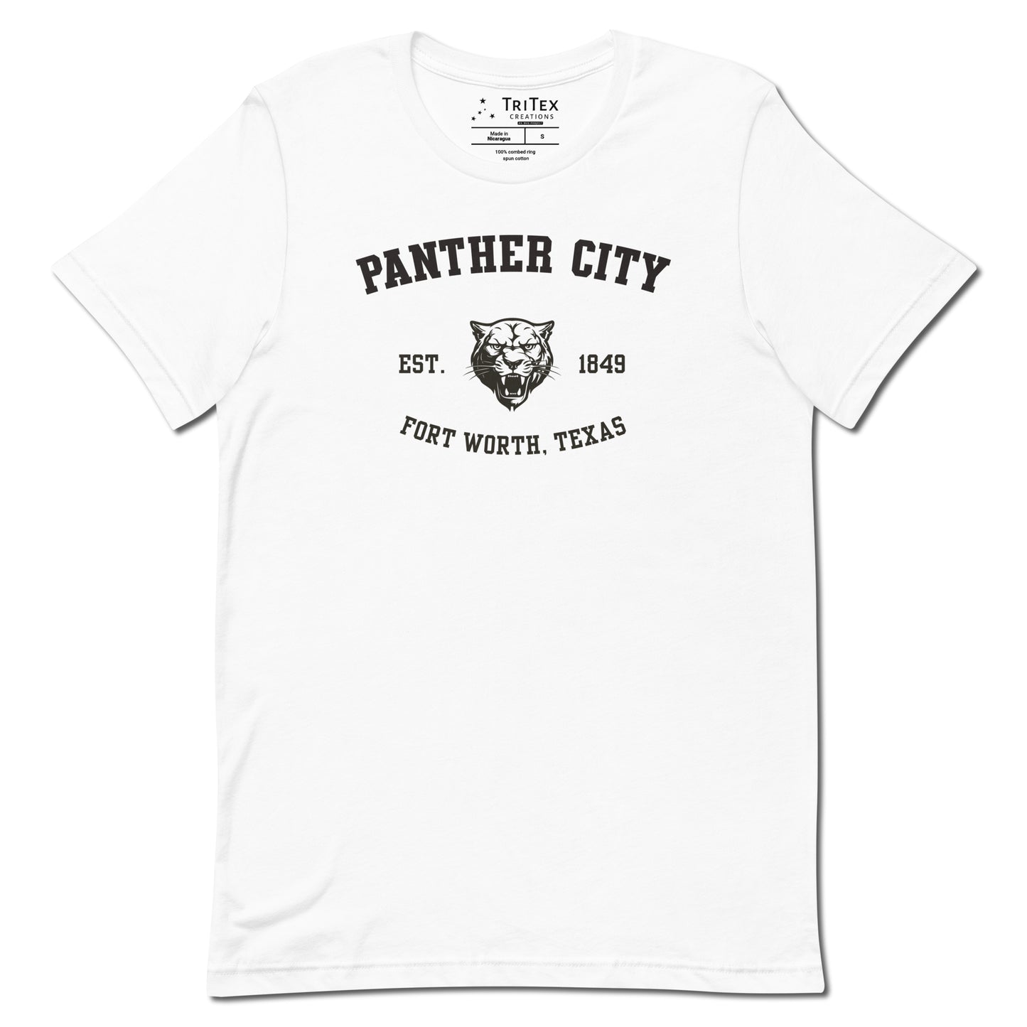 A white t-shirt featuring a graphic image of a growling panther's head with the text "Panther City Est. 1849 Fort Worth, Texas".