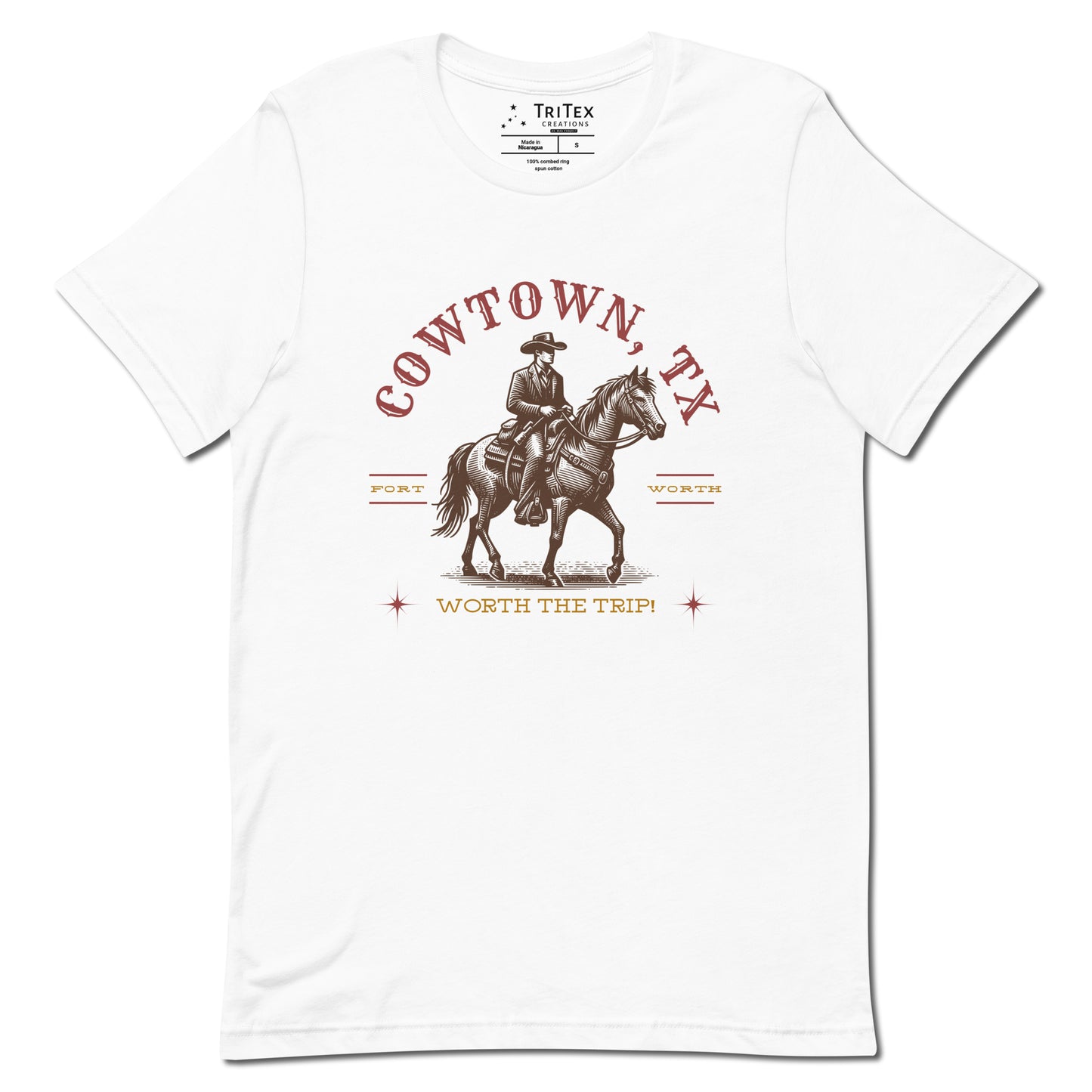 A white t-shirt featuring a vintage illustration of a cowboy on a horse with the words "Cowtown, TX. Fort Worth. Worth the trip!"