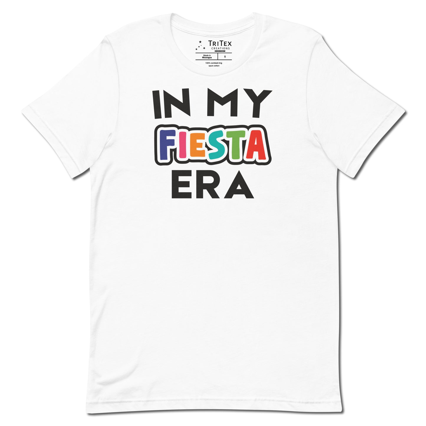 A white t-shirt that reads "In My Fiesta Era" with Fiesta in Southwestern colors.