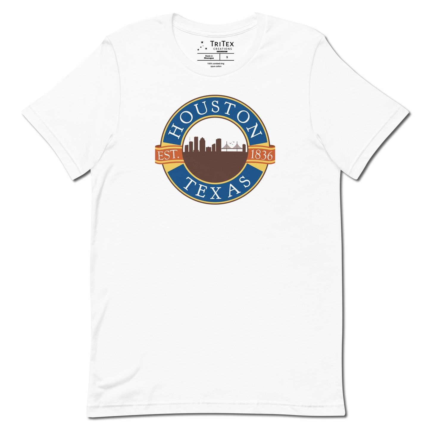 A white t-shirt with the words "Houston Texas Est. 1836" in the style of the Blue Bell Ice Cream logo.