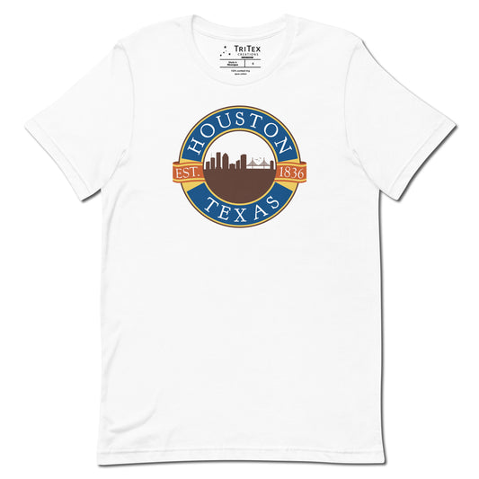 A white t-shirt with the words "Houston Texas Est. 1836" in the style of the Blue Bell Ice Cream logo.