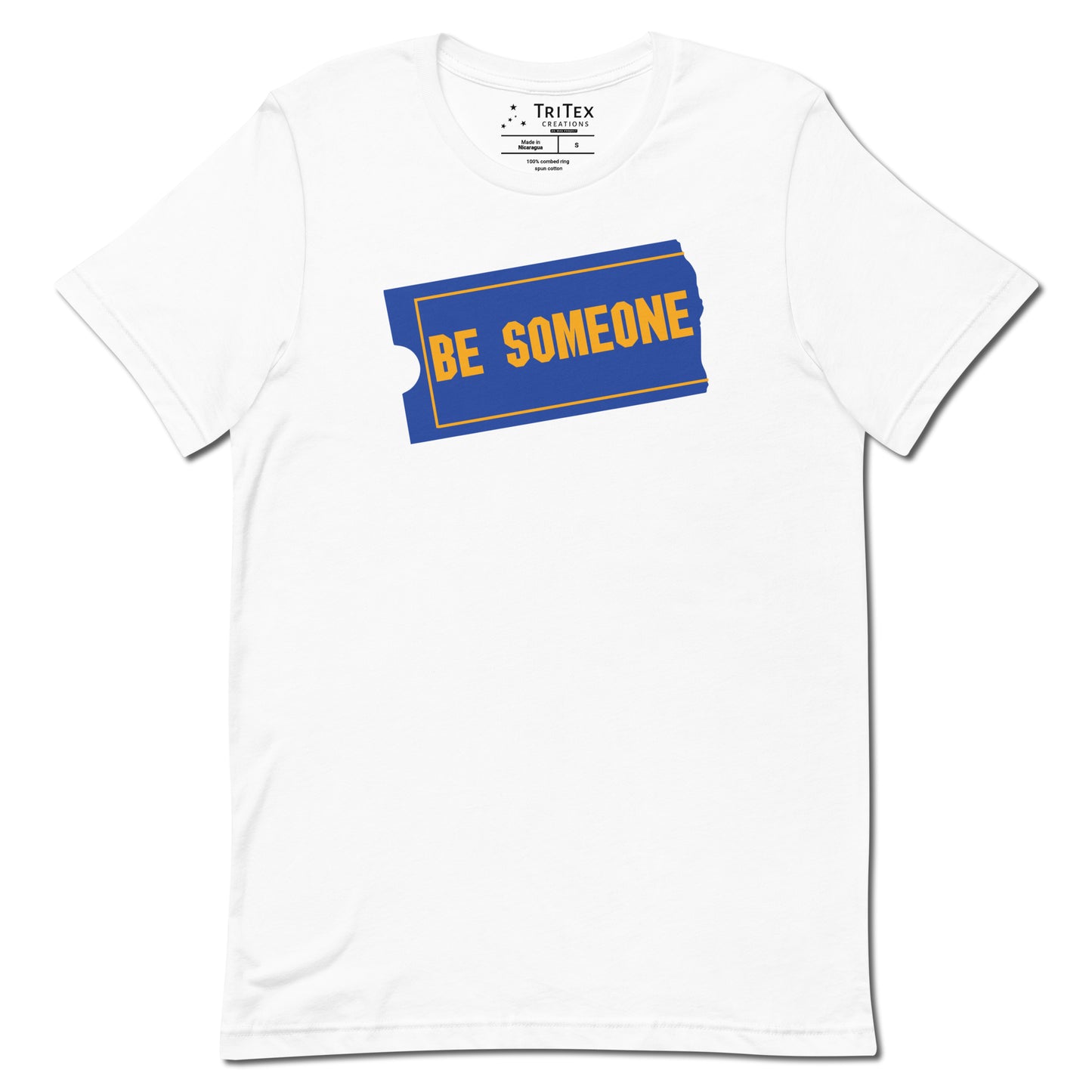 A white shirt with the words "Be Someone" written in the style of the Blockbuster logo.