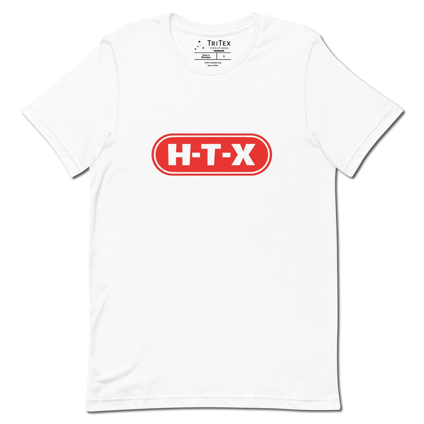 A white t-shirt with the text "H-T-X" in the style of the H-E-B logo.