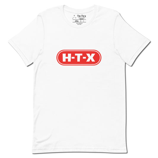 A white t-shirt with the text "H-T-X" in the style of the H-E-B logo.