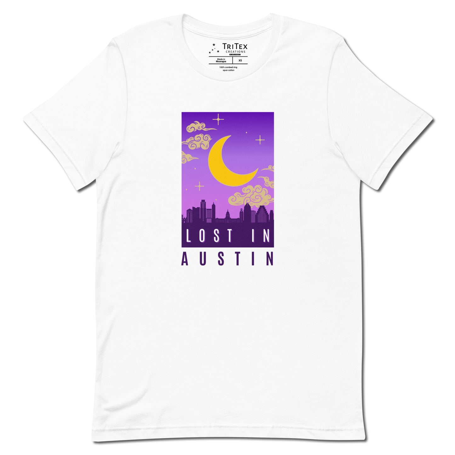 A white t-shirt featuring the moon over the Austin skyline with the words "Lost in Austin".